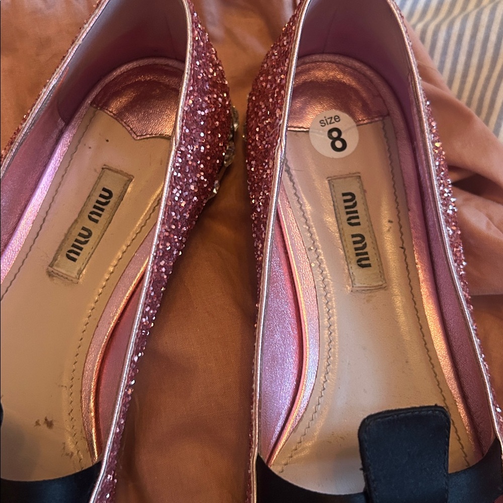 Miu Miu Pink Glitter Heels with Black Bow - Picture 3 of 4